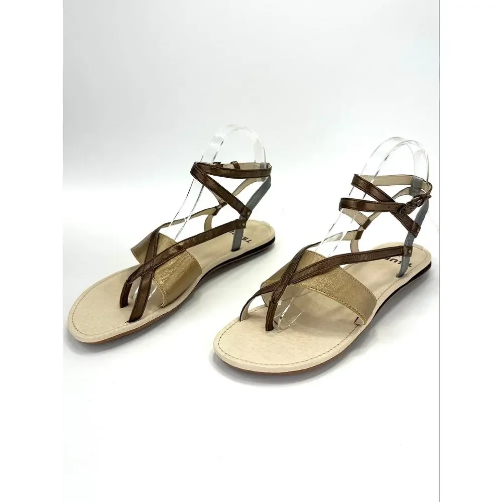Tsubo Brenleigh Strappy Flat Sandal Size 7.5/38.5 Bronze/Gold/Silver Leather New